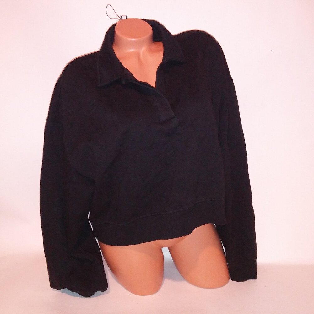 Victoria Secret PINK Sweater Crop Top Black Solid Long Sleeve Collared Henley